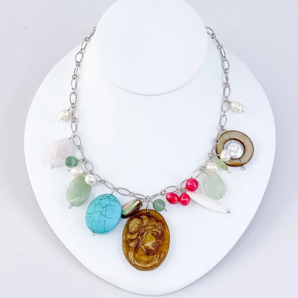 Vintage Sterling Silver 925 Turquoise Pearl Cameo Charm Necklace 17”-19”